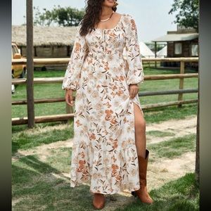 Boho floral print lantern sleeve dress